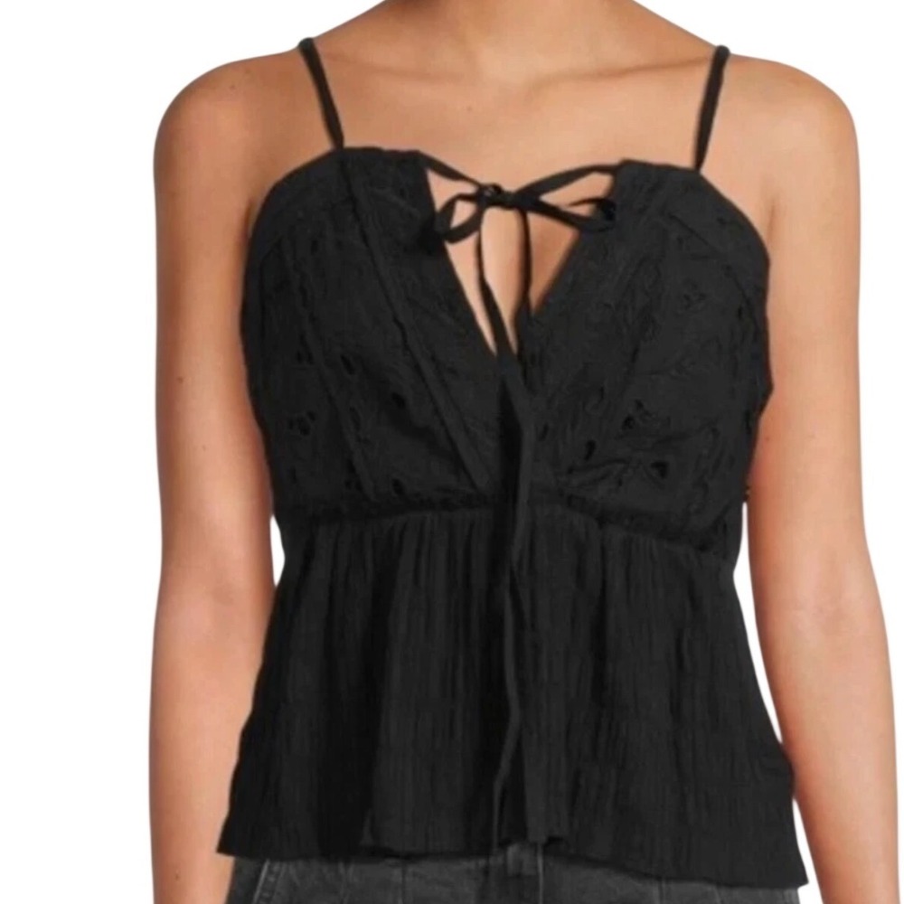 Iro Mireya Black Eyelet Lace Tie Front Peplum Camisole Top WM16MIREYA Size 36